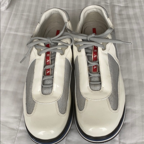 white and silver prada sneakers